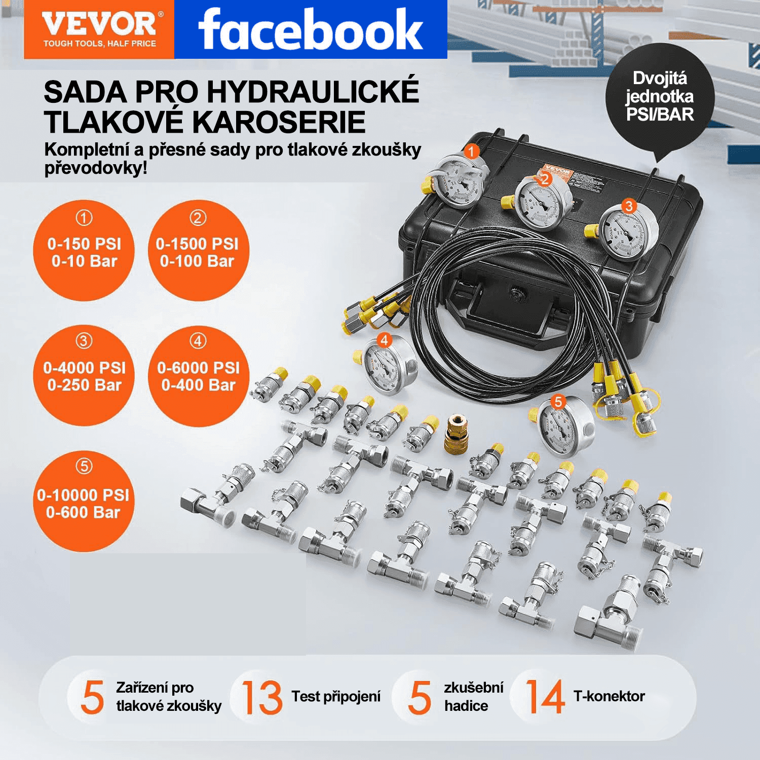 Sada hydraulických testov VEVOR 10/100/250/400/600 bar s 5 tlakomerami, 13 testovacími prípojkami, 14 TEE prípojkami, 5 testovacími hadicami. Sada hydraulického tlakomeru s robustnou prenosnou taškou pre stavebné stroje a rýpadlá