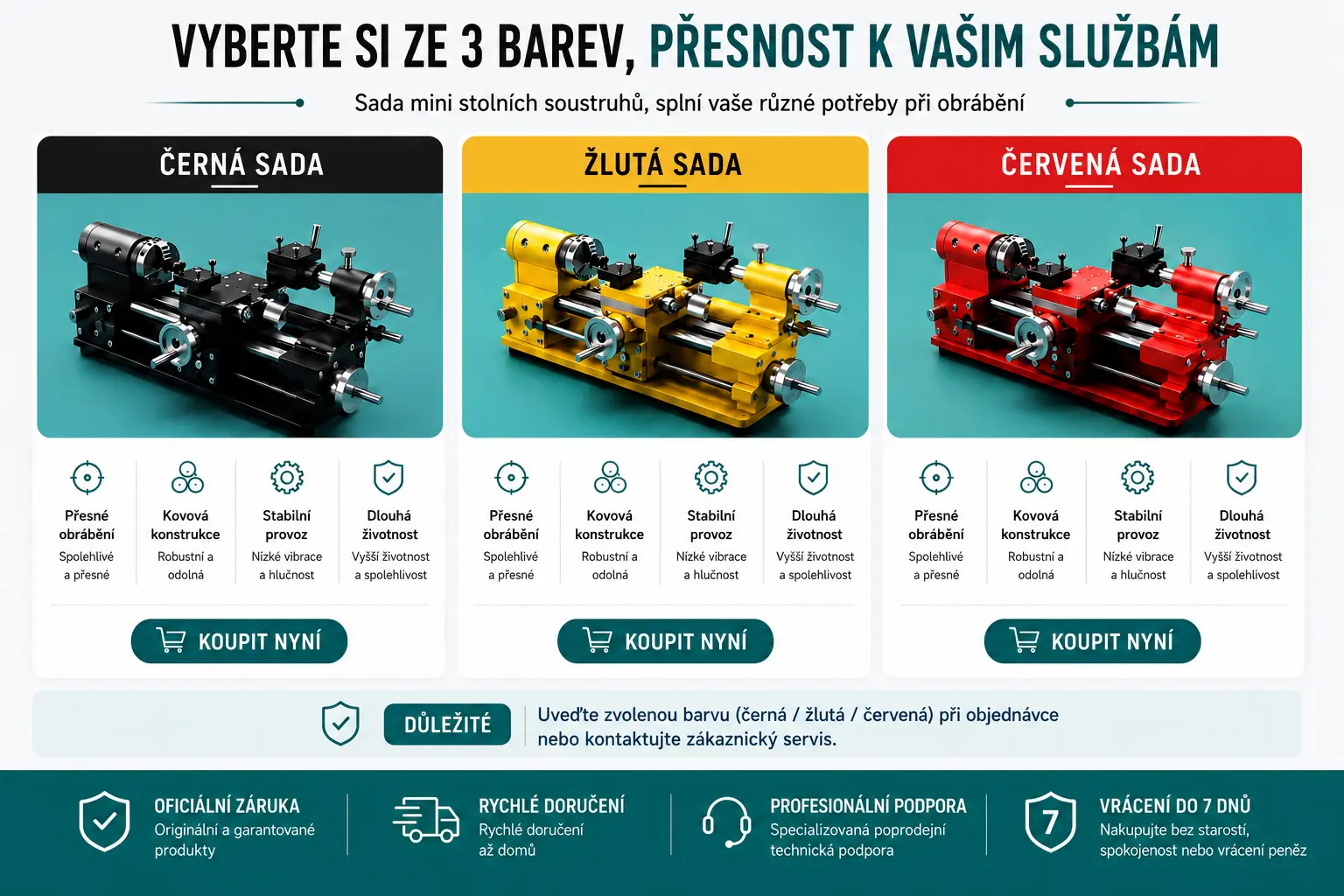 Stolní kovový soustruh, plynulá regulace otáček od 0 do 2500 ot./min, bezkartáčový motor 750 W, kovové převody