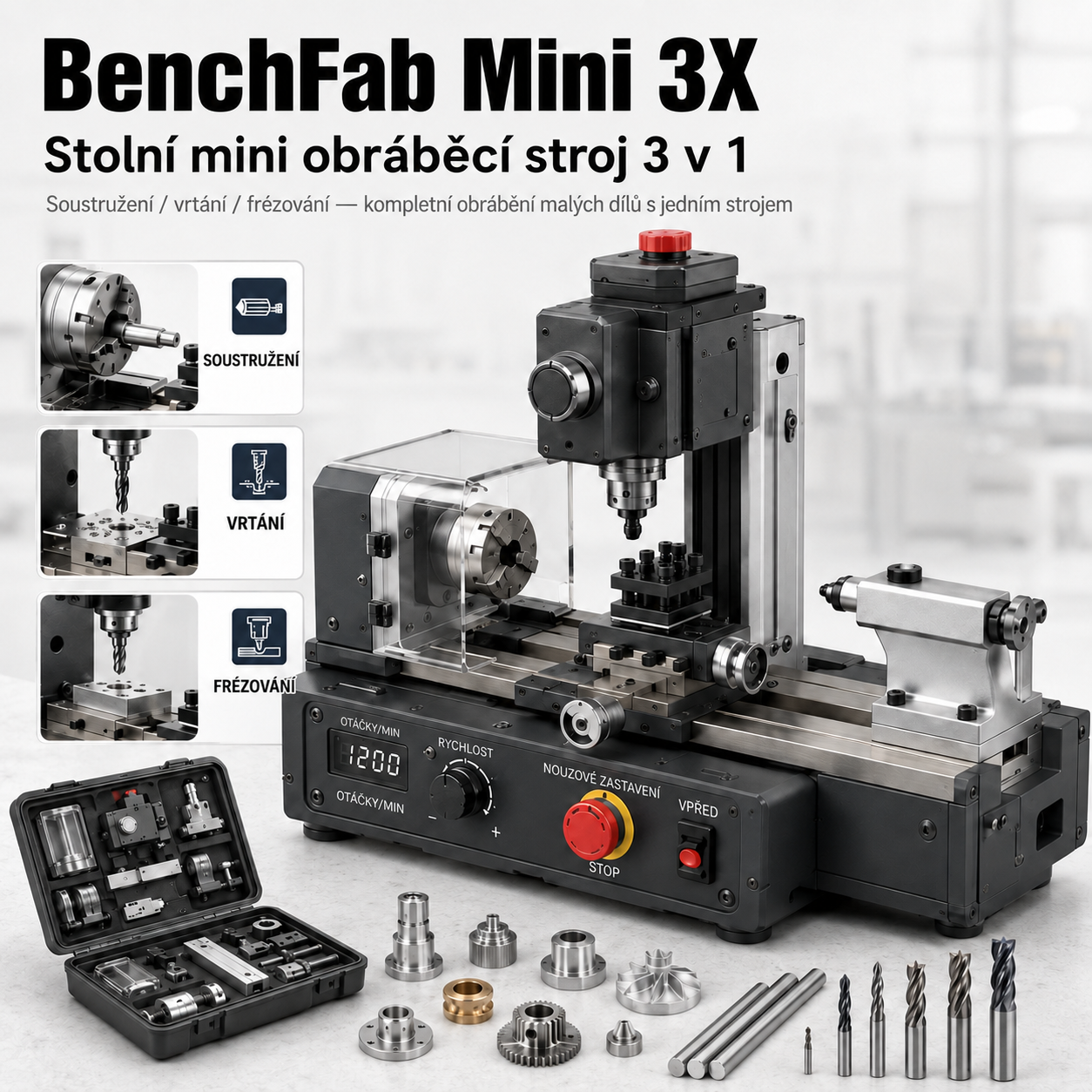 BenchFab Mini 3X – mini soustruh 3 v 1 pro DIY a modely