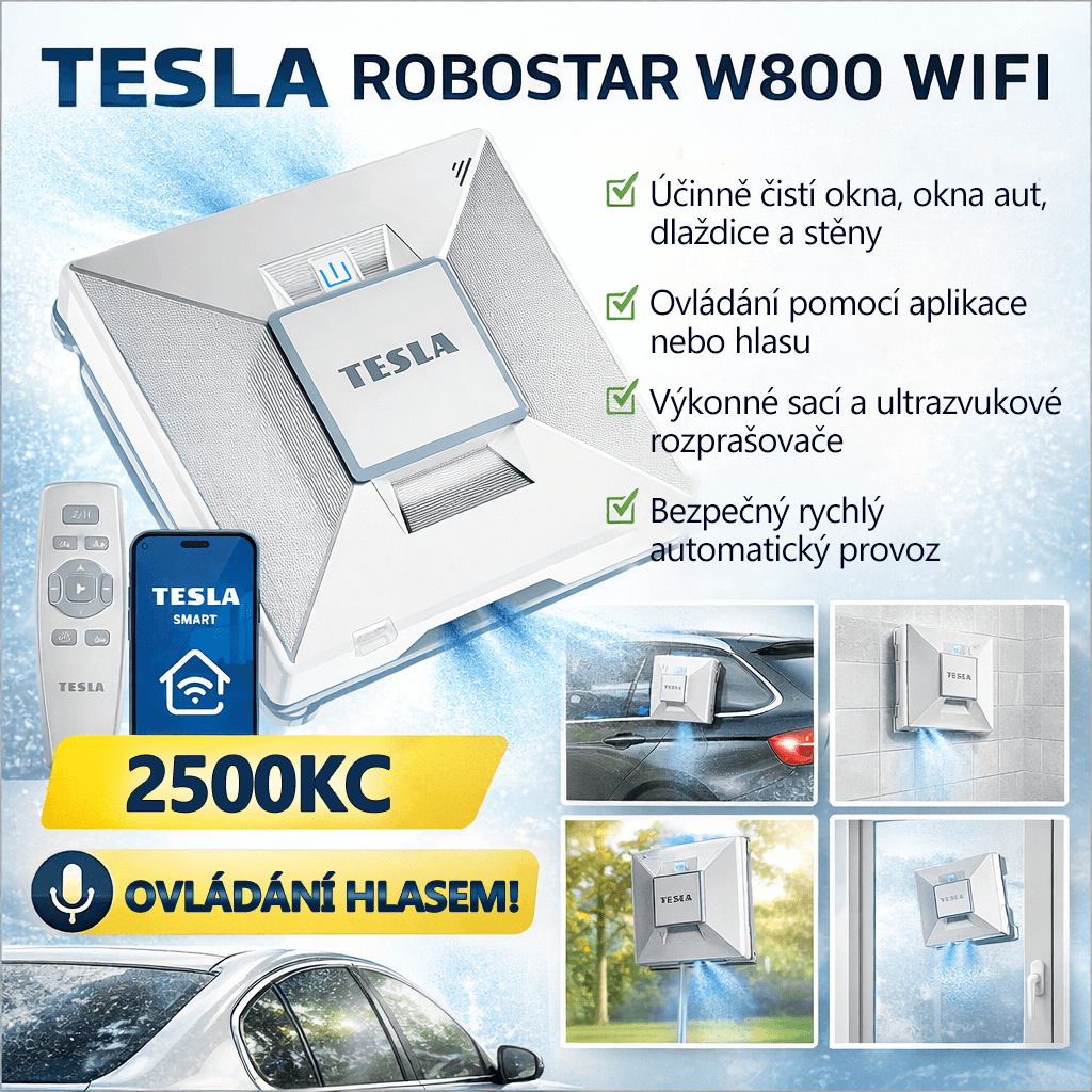 Chytrý čistič oken Tesla RoboStar (pro čištění oken aut, podlah, dlaždic a dalších typů oken), s funkcí vodního postřiku, výkon 72W/230V/650mAh, podporuje Wi-Fi a je ovládán na dálku.