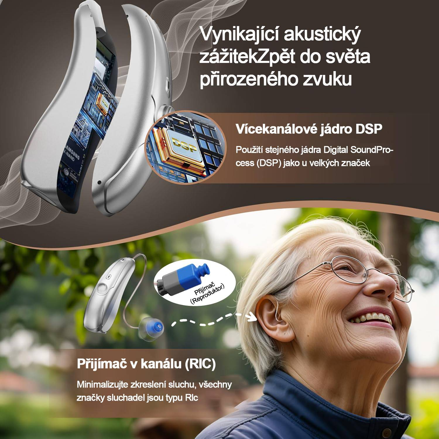 Sluchadlo Audicus Bluetooth s telefonem a hudbou, dobíjecí volně prodejné sluchadlo pro seniory, digitální zařízení s přijímačem v kanálu (RIC) s potlačením šumu.