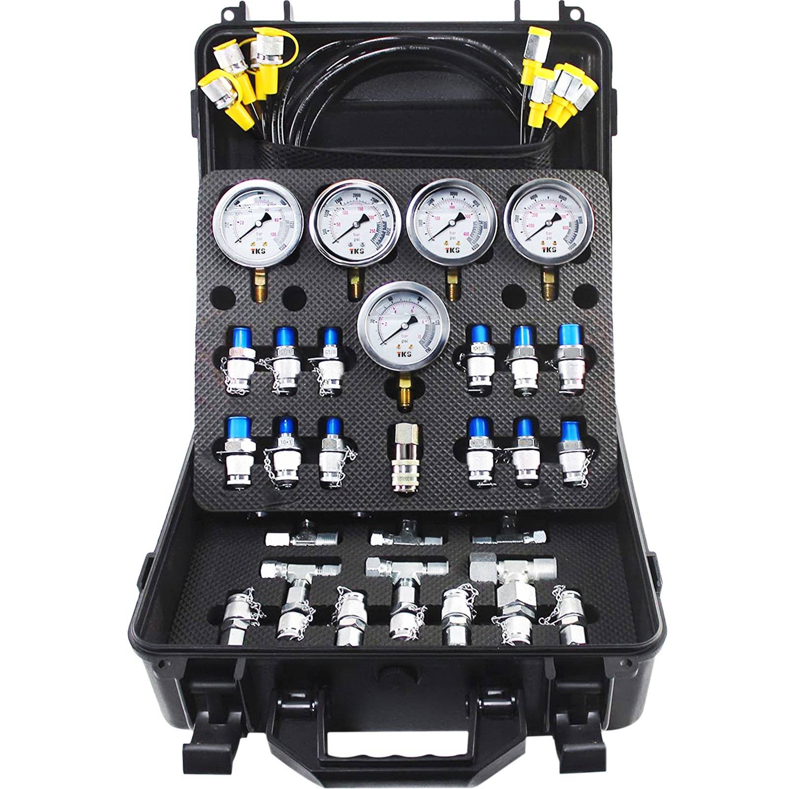 Sada hydraulických testov VEVOR 10/100/250/400/600 bar s 5 tlakomerami, 13 testovacími prípojkami, 14 TEE prípojkami, 5 testovacími hadicami. Sada hydraulického tlakomeru s robustnou prenosnou taškou pre stavebné stroje a rýpadlá