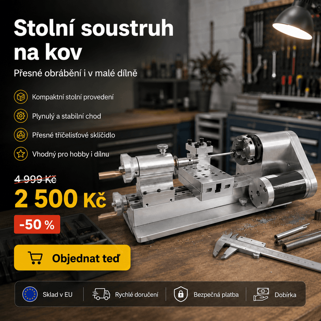 Stolní kovový soustruh, plynulá regulace otáček od 0 do 2500 ot./min, bezkartáčový motor 750 W, kovové převody