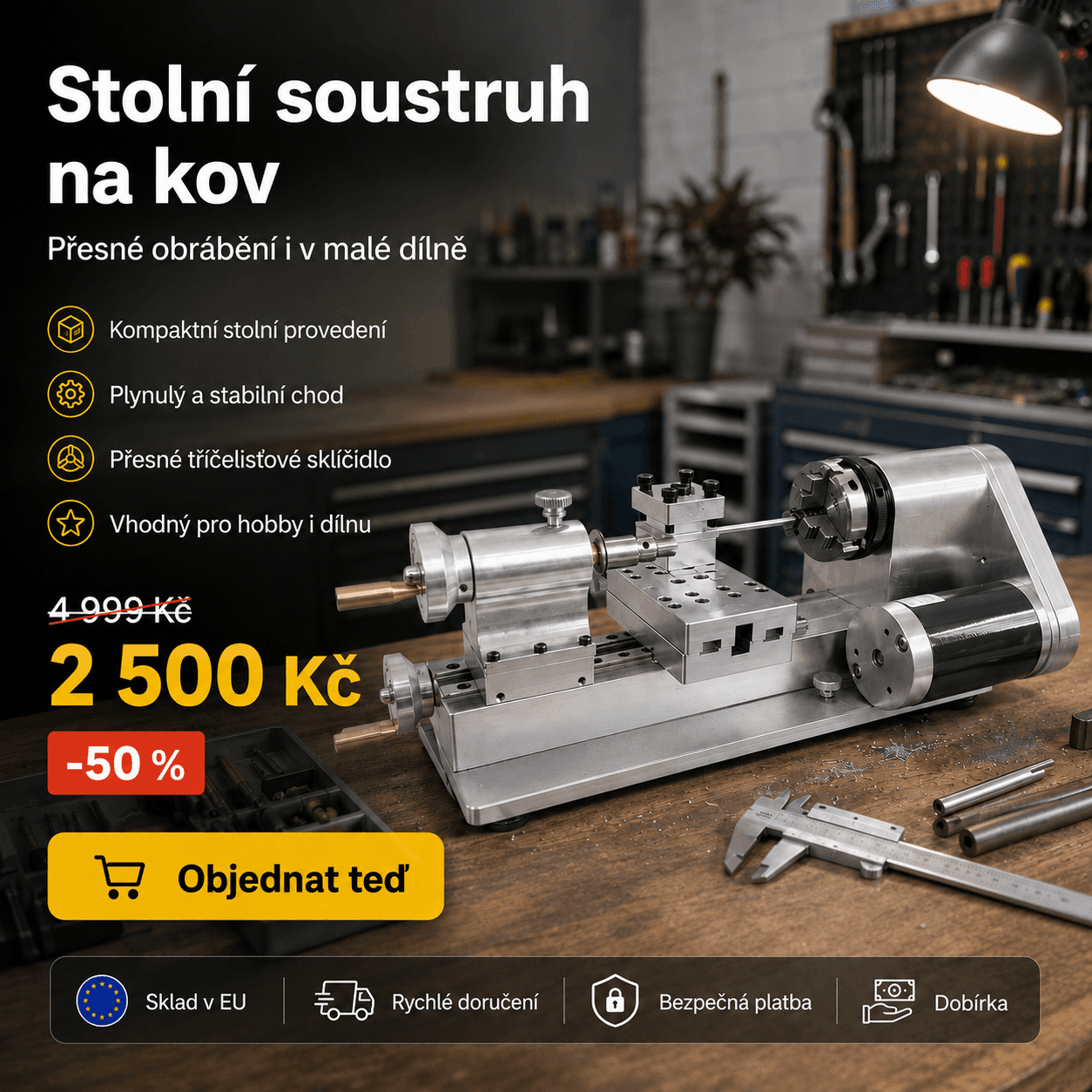 Stolní kovový soustruh, plynulá regulace otáček od 0 do 2500 ot./min, bezkartáčový motor 750 W, kovové převody