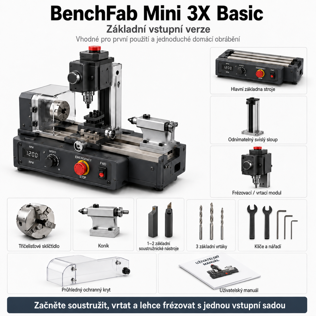 BenchFab Mini 3X – mini soustruh 3 v 1 pro DIY a modely