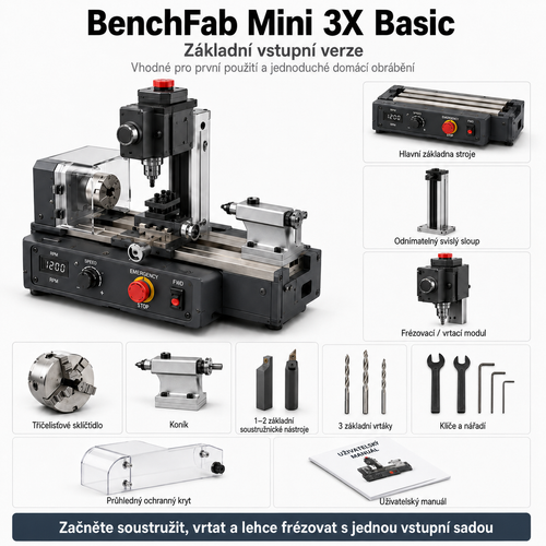 BenchFab Mini 3X – mini soustruh 3 v 1 pro DIY a modely